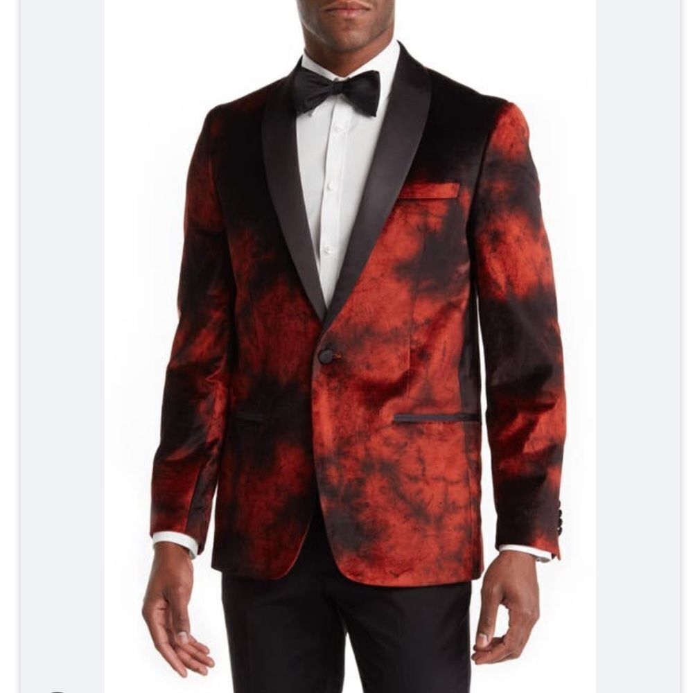Vince Camuto Powis Satin Shawl Lapel Dinner Jacket In Burnt Red Brule Rouge 42S